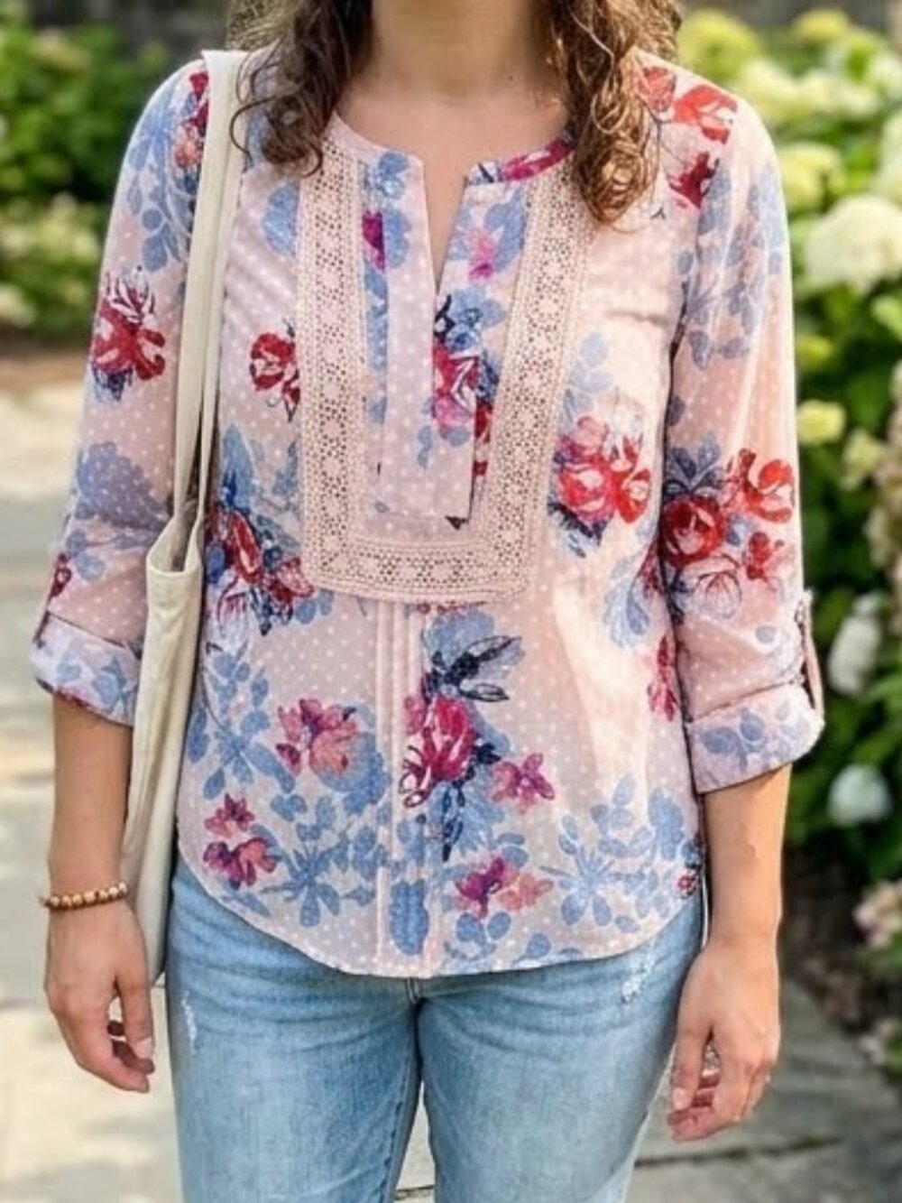 DR2 Women's Pink Floral Crochet Lace Detail Boho Long Sleeves Blouse Semi Sheer